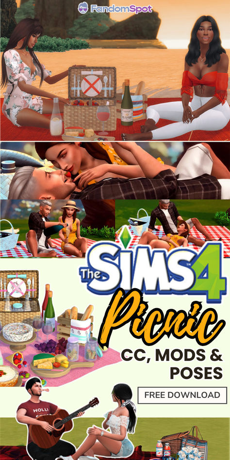 Sims 4 Cc Picnic, Sims 4 Picnic Cc, Sims 4 Picnic, 4 Poses, Picnic Tablecloth, Food Company, Romantic Picnics, Picnic Date, Picnic Set