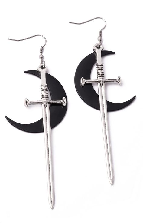 PRICES MAY VARY. GOTHIC CRESCENT MOON SWORD EARRINGS: Crescent Moon Sword Earrings are full of personality and cool, popular nowadays, provides dangling and eye-catching look with you MATERIALS: Meticulously crafted from high-quality zinc alloy with an antique silver finish. SIZE AND LENGTH: size of Moon is 1.4 inch in width x 1.6 inches in height, size of Sword is 2.1 inches in width x 3.4 inches in height. PERFECT GOTH GIFT: Perfect Moon Sword Earrings gift on birthday, party, Halloween New Ye Knife Earrings, New Year Jewelry, Gothic Jewelry Diy, Earrings Goth, Lesbian Gifts, Dagger Earrings, Earrings Gothic, Goth Earrings, Gothic Earrings