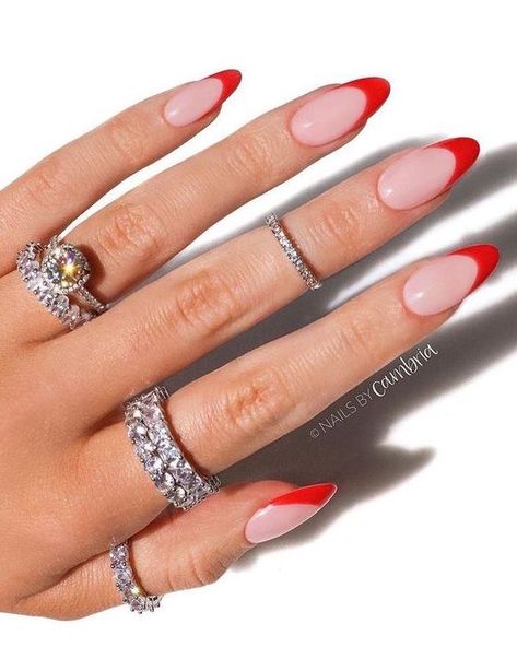 Oval Nails With Red Tips, Red Nails Acrylic Almond French Tip, Red Tips Almond Shape, Elegant Almond Nails Classy Red, Almond Shaped Red French Tip Nails, Red Tip Almond Shaped Nails, Almond Shape Red French Tip, Almond Nails Red Tip, Pink Nails With Red Tips