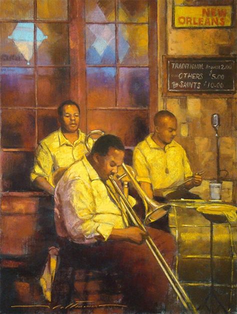 Alan Flattmann ~ "Trombone Serenade" ~ Pastel  24" x 18" Jazz Wallpaper, Jazz Aesthetic, Art Tatum, Acid Jazz, Art Charcoal, Jazz Art, Jazz Fest, American Gothic, Billie Holiday