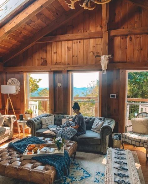 Cabins And Cottages Cozy, Eclectic Cabin Living Room, All Wood Cabin Interior, Vacation Cabin Interior, Cabin Core Living Room, Wooden Cabin Living Room, Alaska Homes Interior, Modern Camp House, Modern Boho Cabin