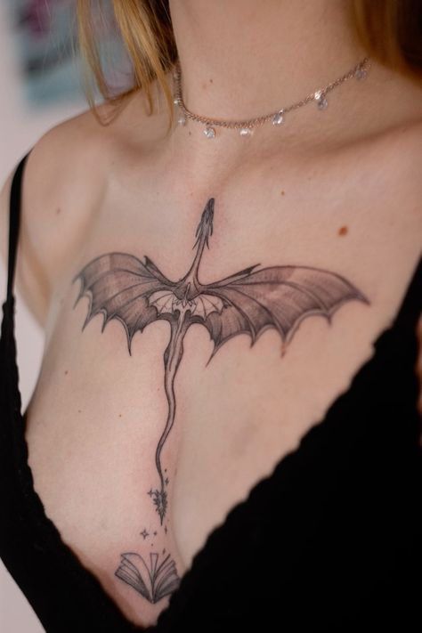 Dragon Tattoo Across Back, Two Dragons Back Tattoo, Dragon With Wings Tattoo For Women, Dragon Tattoo For Women Chest, Chest Tattoo Female Dragon, Sternum Dragon Tattoo, Dragon Tattoo Sternum, Dragon Sternum Tattoo Women, Dark Sternum Tattoo