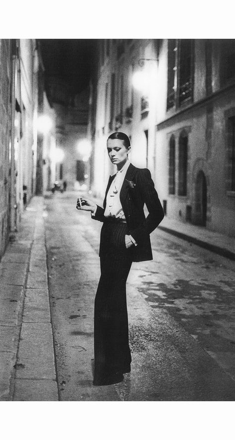 Vibeke Knudsen Rue Aubriot, French Vogue  Paris September 1975  White Women  series YsL “Le Smoking” © Helmut Newton Sirpa Lane & Vibeke Knudsen Blake Lively Suit, Saint Laurent Aesthetic, Woman Trousers, Nadja Auermann, Isabella Rossellini, French Vogue, Tuxedo Women, Melanie Griffith, Helmut Newton