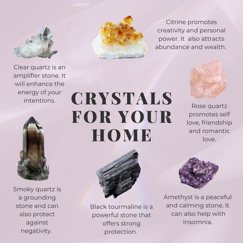 An easy way to bring crystal energy into your life is by simply placing some around your home. If you have an altar, that's a great spot for them. If not, you can arrange them on a table, mantle or nightstand. Here's some of my favorite crystals for the home:⁣ 💛𝗖𝗶𝘁𝗿𝗶𝗻𝗲 promotes creativity and personal power. It also attracts abundance and wealth.⁣ 💕𝗥𝗼𝘀𝗲 𝗾𝘂𝗮𝗿𝘁𝘇 promotes self love, friendship and romantic love.⁣ 💜𝗔𝗺𝗲𝘁𝗵𝘆𝘀𝘁 is a peaceful and calming stone. It can also help with Insomnia.⁣ 🖤𝗕𝗹𝗮𝗰... Crystals For Living Room, Crystals For The Home, Crystals For Home Protection, Self Love Crystals, Crystals For Luck, Magickal Herbs, Which Witch, Crystal Altar, Crystal Energy