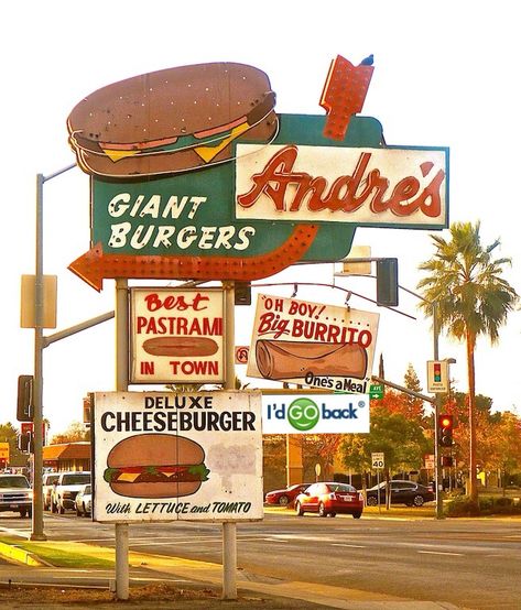 The legendary Andre's burgers and their iconic sign in Bakersfield, Ca #food #restaurants #IdGoBack Retro Fast Food Restaurant, Vintage Burger Shop, 90s Fast Food Restaurant, Vintage Burger Restaurant, Old Diner Signs, Retro Burger Restaurant, Tehachapi California, Old Burger Restaurant, Restaurant Sign