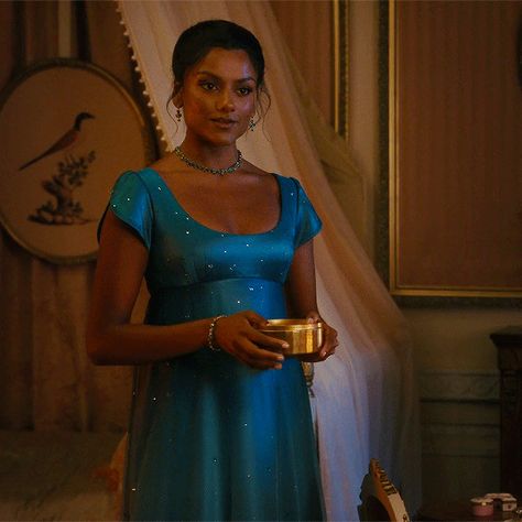 Maisie Richardson Sellers, Kate Sharma, Regency Gown, Regency Era Fashion, Silver Gown, Peacock Dress, Regency Dress, Turquoise Dress, Beautiful Costumes