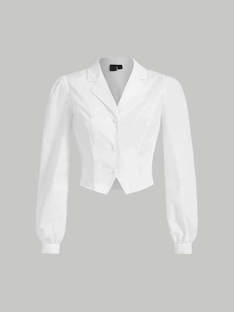 White Elegant Collar Long Sleeve Polyester Plain Shirt Embellished Non-Stretch  Women Tops, Blouses & Tee Puff Sleeve White Shirt, Cute White Blouse, Elegant White Top, Elegant Tops And Blouses, White Shirt Outfit Women, Simple White Blouse, White Blouse Outfit, White Outfits For Women, White Button Up Shirt