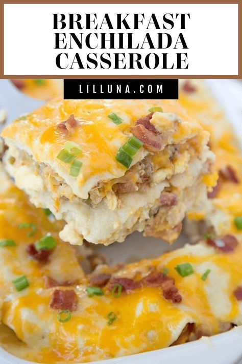 Everything you love about enchiladas and breakfast casseroles in one recipe! Layers of corn tortillas, eggs, sausage, bacon, green chili sauce, sour cream, and lots of cheese! #enchiladas #casserole #breakfast #breakfastcassserole #casserolerecipes Cheese Enchiladas Casserole, Breakfast Enchilada Casserole, Breakfast Enchiladas Casserole, Enchiladas Casserole, Cream Cheese Potatoes, Casserole Breakfast, Green Chili Sauce, Breakfast Casserole Bacon, Chorizo And Eggs