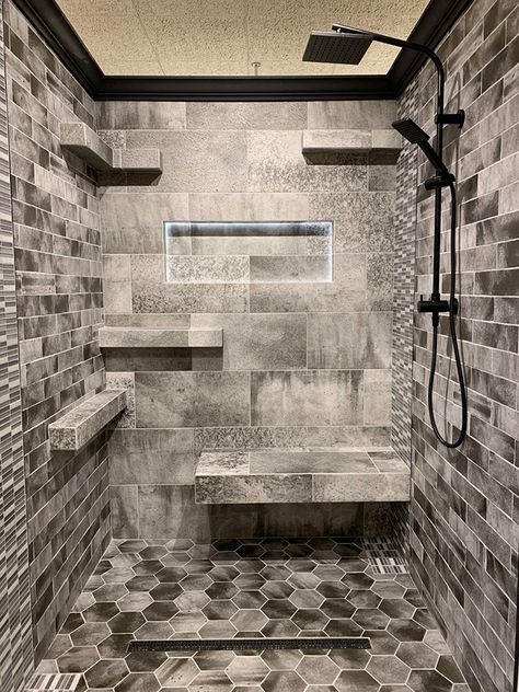 Qualis Valletta Shower Installation // Rustic Modern // Hexagon Tile Floor // Tiled Shower Area // Walk In Shower Bathroom Remodel Rustic Modern, Hex Shower Floor, Shower Open, Shower Floor Tile Ideas, Rustic Bathroom Shower, Black Tile Bathrooms, Tile Walk In Shower, Linear Shower Drain, Bathroom Cabinets Designs