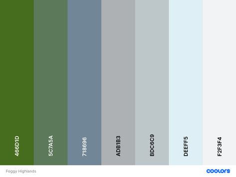 Foggy Highlands color palette made with coolors, green, grey, blue, silver Blue Green Grey Color Palette Bathroom, Color Palette Blue Green Grey, Green Blue Grey Color Palette, Blue Green Silver Color Palette, Cool Blue And Green Color Palette, Blue Green Wedding Colors, Retreat Themes, Blue Green Wedding, Silver Color Scheme