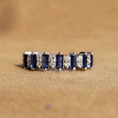 Baguette/Round cut Sapphire Lab Created Diamond Ring, 14K White Gold, Eternity Band, Dainty Statement Ring, Promise Band, Gift For Christmas Gold Eternity Band, Propose Ring, Lab Created Diamond Rings, Promise Band, Half Eternity Wedding Band, Stackable Bands, Presents For Her, Eternity Wedding Band, Proposal Ring