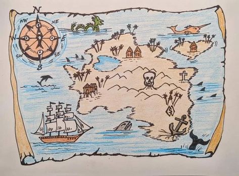 Here is my drawing of a compass and an island map. Island Map Drawing, Fantasy Map Drawing Ideas, Pirate Map, Diy Map, Map Sketch, Summer Drawings, Gold Map, Map Projects, Fantasy World Map