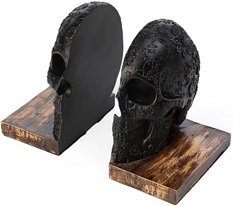 Amazon.com: Skull Book Ends Gothic, Lifesize Human, Heavy-Duty Bookends, Bookends for Shelves, Heavy Books, Black Skull Design Bookend 7x5.1x6.3, Spooky Halloween decor: Home & Kitchen Unique Bookends, Starting Fresh, Decorative Bookends, Skeleton Decorations, Spooky Halloween Decorations, Book Ends, Black Skull, Game Room Design, Wood Polish