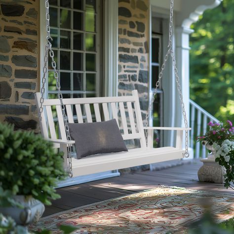 Garden Bench Seating, White Porch, Garden Bench Cushions, Curved Bench, Large Patio, Wooden Patios, Wooden Porch, Patio Swing, Swing Chair