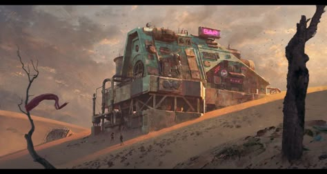 Wasteland Bar, Pavel Vophira on ArtStation at https://www.artstation.com/artwork/qaamP Wasteland Settlement, Apocalyptic Art, Post Apocalyptic Art, Apocalypse Art, Watering Hole, Post Apocalypse, Fantasy Artist, The Apocalypse, Arte Animal