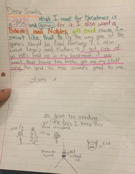 WHEN you have a child write their letter to Santa, you expect a sweet, kind, polite letter. For this girl, she took things in to her own hands and DEMANDED things from Santa, claiming she had one of his elves locked up. Thirteen-year-old Luna had her older sister Ale share her letter on Twitter where […] Elf Locks, Weird Memes, Letter To Santa, Sounds Good To Me, Letters For Kids, Older Sister, From Santa, Santa Letter, Kids Writing