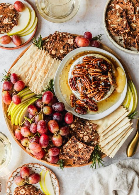 Honey Baked Camembert with Pecans • Sunday Table Food For Parties, French Cheese Board, Fall Appetizer, Appetizer Board, Baked Camembert, Glazed Pecans, Water Crackers, Honey Baked, Fall Appetizers