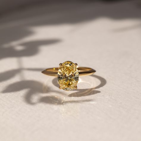 The Chelsea with custom knife edge band💍 💎Details -Fancy yellow -Oval cut -VS1 -2.5ct -18k yellow gold #engagementring #ovalengagementring #proposal Coloured Engagement Rings, 2025 Wishlist, Yellow Sapphire Engagement Ring, Engagements Rings, Wedding Surprise, Yellow Sapphire Ring Engagement, Canary Yellow Diamonds, Fancy Color Diamond Ring, Yellow Sapphire Ring