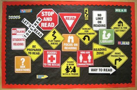 Reading Road Signs Bulletin Board. #ClassroomDecorations ... Road Themed Bulletin Board, Dorm Room Door Signs, Room Door Signs, Construction Classroom, Construction Theme Classroom, Under Construction Theme, Teaching Safety, Road Trip Theme, Travel Theme Classroom