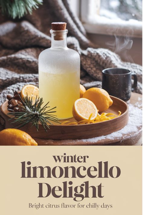 A frosty bottle of limoncello with lemons, zest, and pine sprigs on a wooden tray, set against a cozy winter backdrop. Lemoncello Drink, Lemoncello Recipes, Italian Margarita Recipe, Limoncello Margarita, Limoncello Recipes, Limoncello Drinks, Italian Limoncello, Homemade Liqueur, Italian Margarita