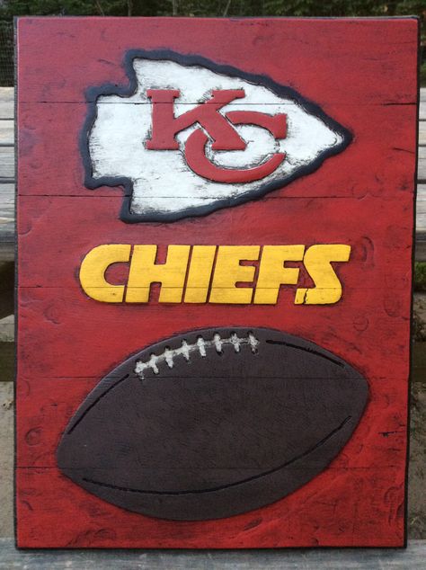 Carved Pine Kansas City Chiefs Sign Chiefs Painting Ideas, Football Paintings, Kansas Chiefs, Pinots Palette, Kansas City Chiefs Logo, Kc Chiefs Football, Door Mat Diy, Chiefs Logo, Nfl Football Art