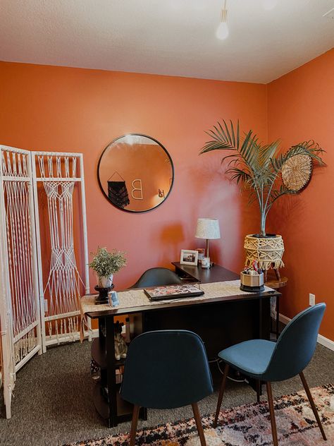 Sherwin Williams Rojo Dust, Rojo Dust Sherwin Williams, Boho Office Room, Zyla Colors, Boho Office, Office Paint, Office Colors, Room Paint Colors, Plant Decor Indoor