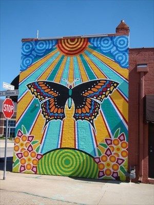 Bright butterfly mural - Enid, OK - Murals on Waymarking.com Butterfly Mural, Seni Mural, Pavement Art, Garden Mural, Urbane Kunst, Afrique Art, School Murals, Trippy Painting, Fence Art