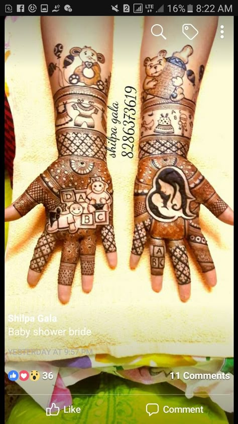 Shreemant Mehndi, Sreemantham Mehandi Designs, Pregnancy Mehndi Design, Baby Shower Mehendi Designs Latest, Mom To Be Mehendi Design, Baby Shower Mehendi Designs, Baby Mehendi, Baby Mehndi, Baby Mehndi Design