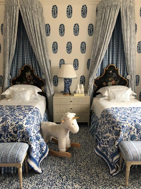 Room Ideas With 2 Beds, Old Money Kids Bedroom, Children’s Rooms, Old Money Kids Room, Children’s Bedroom, Children’s Room, Kids Dream Room, Children Room Ideas, Blue And White Decor