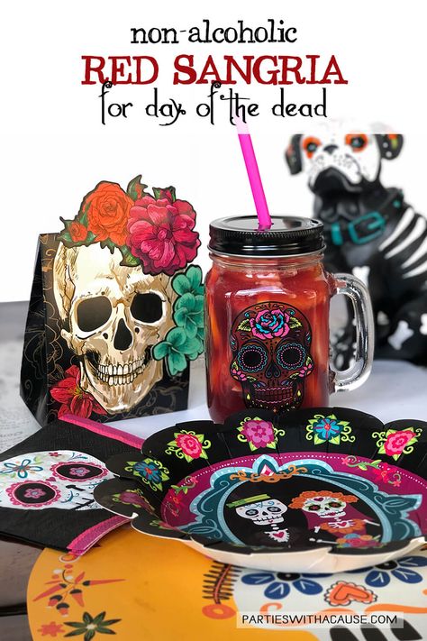 Host a Day of the Dead celebration the whole family can enjoy with this delicious non-alcoholic fruity sangria recipe. Find the easy sangria recipe and more Day of the Dead party ideas at PartiesWithACause.com #dayofthedead #mocktail #redsangria #easyrecipe #partybeverage Fruity Sangria, Easy Sangria, Non Alcoholic Sangria, Red Sangria Recipes, Easy Sangria Recipes, Day Of The Dead Celebration, Day Of The Dead Party, Orange Syrup, Sangria Recipe