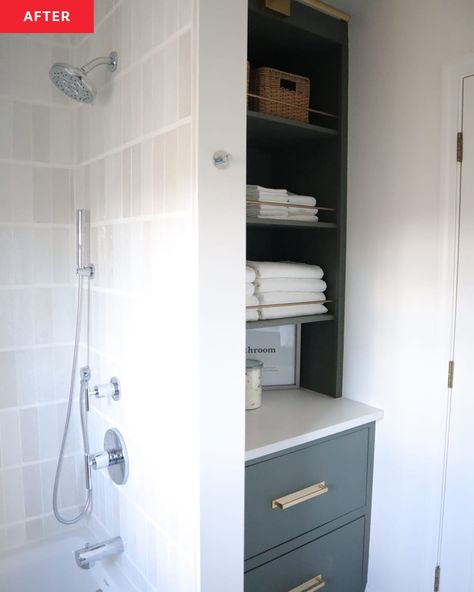 After: a white shower with a shelving unit on the other side of the wall 1980s Bathroom, Linen Closet Shelves, Tan Bathroom, Bathroom Linen Closet, Deep Closet, Old Bathroom, Built In Cabinet, Bathroom Closet, Brown Bathroom