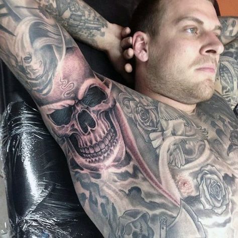 Mens Stomach Tattoo, Armpit Tattoo, Underarm Tattoo, Bauch Tattoos, Skull Sleeve, Skull Sleeve Tattoos, Evil Tattoos, Men Tattoos Arm Sleeve, Tattoo Inspiration Men