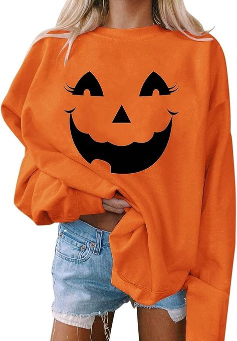 Halloween Graphic Tops for Women Fashion Print Casual Sweatshirts Comfy Loose Blouses Crewneck Long Sleeves Shirts Easy Adult Halloween Costumes, Halloween Tights, Women Fall Tops, Plaid Shirt Women, Crewneck Sweatshirt Women, Y2k Sweater, Halloween Costumes For Girls, Halloween Sweatshirt, Halloween Women