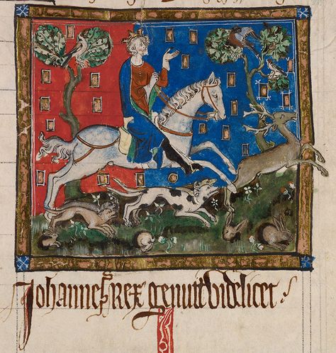 King John on a stag hunt. King John, Magna Carta, Medieval Manuscript, Medieval Times, British Library, Medieval Art, Illuminated Manuscript, 14th Century, Middle Ages