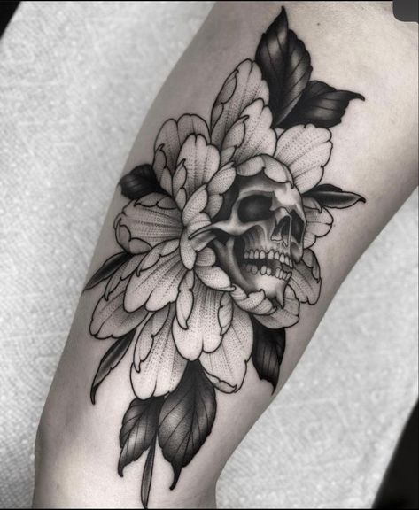 Peony With Skull Tattoo, Gothic Peony Tattoo, Flowers With Skulls Tattoo, Skull Inside Flower Tattoo, Black Petunia Tattoo, Traditional Style Peony Tattoo, Stippled Flowers, Skull Peony Tattoo, Skull Flowers Tattoo