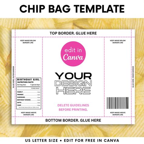 "Are you looking for the ultimate party favor solution? Look no further than our chip bag template for Canva. With this versatile and customizable template, you can easily create unique and eye-catching chip bag labels. Whether it's a birthday party or any special occasion, this unique party favor has got you covered. The best part is, our chip bag template is fully editable, so you can add your personal touch and create a custom chip bag that will impress your guests. Don't miss out on this mus Chip Bags For Party, Chip Bag Diy, Chip Bag Printable, Custom Chip Bags, Chips Bags, Chip Bag Template, Bag Template, Unique Party Favors, New Grandparents