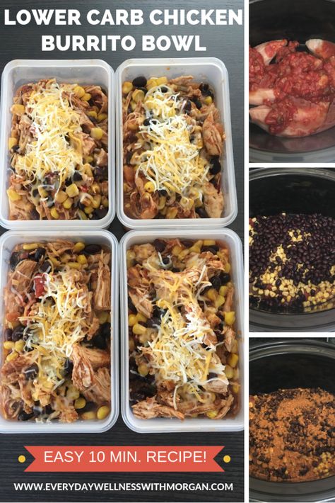 Lower Carb Meal Prep, Low Carb Chicken Burrito Bowl, Easy Lower Carb Meals, Low Carb High Protein Burrito, High Protein Chicken Burrito Bowl, High Protein Burrito Bowl Meal Prep, Crockpot Meals High Protein, High Protein Chicken Bowl, High Protein Burrito Bowl