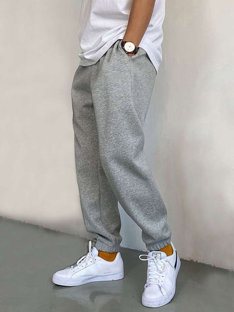 Grey Sweatpants Outfit Men, Grey Sweatpants Outfit, Grey Sweatpants Men, Gray Sweatpants Man, Gray Sweatpants Outfit, Sweatpants Shein, Men Sweatpants, Sweatpants Grey, White Shoes Men