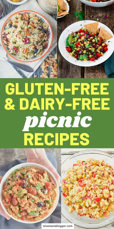 If you are on a gluten and dairy-free diet, deciding what foods to pack or eat at a picnic can be a little tricky. I have here 15 healthy gluten-free and dairy-free picnic recipes everyone will love! #picnicrecipes #healthyrecipes Dairy Free Meals For A Crowd, Vegan Gluten Free Picnic Food, Gluten Free Dairy Free Salads Recipes, Picnic Food Ideas Gluten And Dairy Free, Gluten Dairy Corn Free Recipes, Non Dairy Non Gluten Recipes, Pasta Salad Recipes Gluten Free Dairy Free, Df Gf Side Dishes, Gluten Free Dairy Free Pasta Dishes