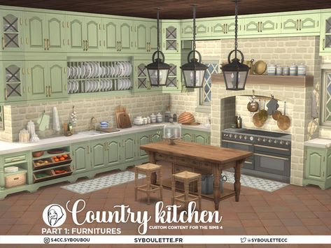 Double Oven Stove, Country Kitchen Sink, Table Island, Plate Shelves, Sims 4 Kitchen, Vegetable Crates, Country Kitchen Cabinets, Kitchen Plate, Cooking Stove