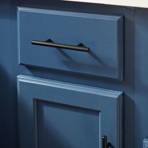 Blue Kitchen Cabinets With Black Hardware, Navy Blue Kitchen Cabinets Black Pulls, Farmhouse Navy Blue Cabinet, Navy Blue Cabinet Door, Blue Lower Kitchen Cabinets, Matte Black Kitchen Hardware, Blue Kitchen Cabinets Knobs, Blue Cabinents Hardware, Navy Blue Cabinet Knobs