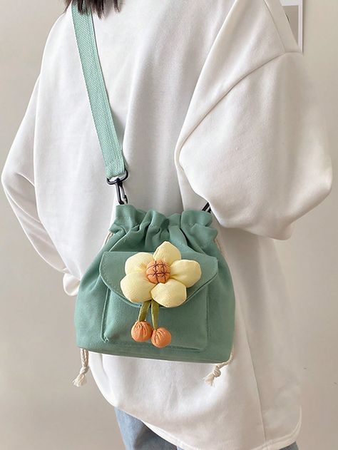 Green Casual,Preppy Collar  Polyester Plants Bucket Bag Embellished   Women Bags Diy Hair Scrunchies, Apron Sewing Pattern, Diy Bag Designs, Diy Bags Patterns, Tas Fashion, Diy Purse, Mini Tote Bag, Pretty Bags, Eco Bag