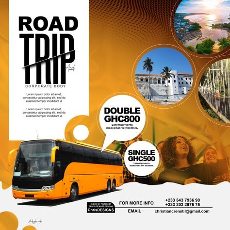 Road trip flyer design Road Trip Background, Trip Flyer Design, Tour Flyer Design, Road Trip Poster, Bus Advertising, Tourism Design, Graphic Design Posters Layout, Jesus Cartoon, Travel Creative