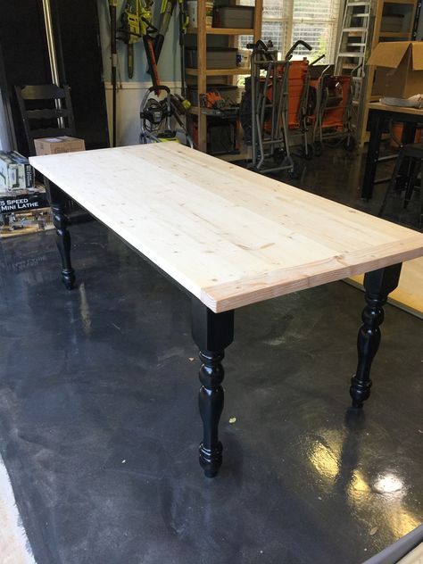 Farmhouse Table Turned Legs Diy, Table Top Ideas Kitchen & Dining Tables, New Dining Table Top Diy, Diy New Table Top, New Table Top Over Old, Black Leg Dining Table, Table Black Legs Wood Top, Diy Table Top Redo, Table Legs Repurposed