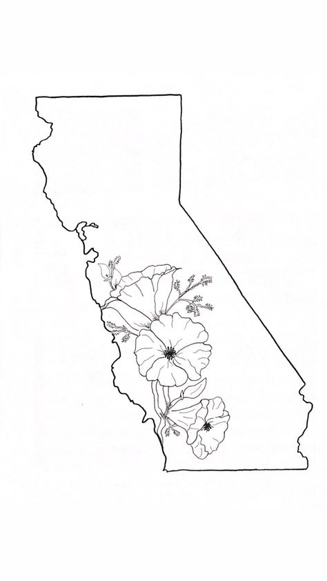 State outline with state flower #easydrawing #california #poppy California Poppy Line Art, California Drawing Ideas, California Poppy Tattoo Black And White, California Tattoo Small, Bode Jacket, California State Tattoos, State Tattoo Ideas, State Outline Tattoo, California Poppy Drawing