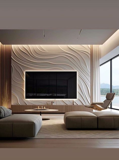 Futuristic Tv Wall, Lobby Tv Unit Design, Textured Tv Wall Ideas, Large Tv Wall Design, Living Wall Design Modern, Trending Wall Designs, Futuristic Tv Unit Design, Lcd Wall Design Living Room Tv, Tv Lounge Ideas Modern