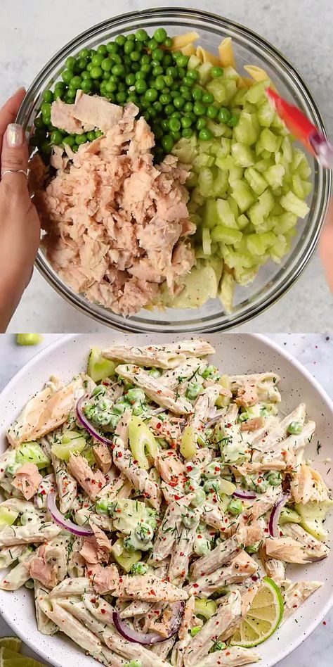 This Tuna Pasta Salad is not only healthy, filling, and utterly delicious, it is easy to make and loaded with flavor. Made with protein-packed tuna, peas, whole-wheat pasta, celery, and then tossed in a tasty and creamy avocado yogurt dressing. Healthy Tuna Pasta Salad, Healthy Tuna Pasta, Avocado Yogurt, Creamy Tuna Pasta, Dressing Healthy, Tuna Pasta Salad, Tuna Salad Pasta, Healthy Tuna, Tuna Pasta