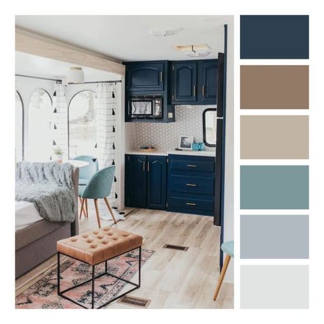 Camper Color Scheme, Purple Kitchen Cabinets, Rv Interior Design, Trailer Renovation, Traditional Color Palette, Camper Reno, Camper Interior Design, Camper Kitchen, Camper Trailer Remodel