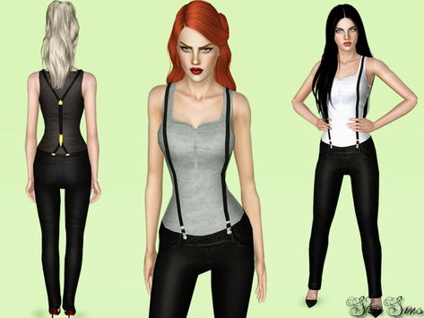 StarSims' Suspender outfit Womens Suspenders, Sims 3 Clothing, Jeans Suspenders, Suspenders Outfit, Low Jeans, Sims 4 Cc Skin, Body Outfit, Cc Sims, Sims 4 Cc