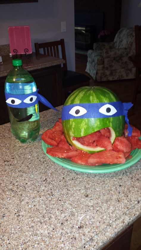 Ninja Turtle watermelon and soda bottle for grandson birthday party Ninja Turtle Watermelon, Turtle Watermelon, Watermelon Ideas, Watermelon Birthday Parties, Raphael Ninja Turtle, Sixth Birthday, Tmnt Party, Watermelon Carving, Ninja Turtle Party